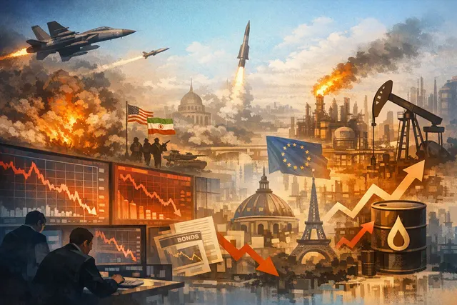 How did the escalating U.S.–Iran military conflict and resulting global bond selloff and energy shock affect European markets on Wednesday,