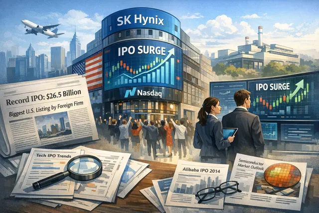 SK Hynix Nasdaq debut, semiconductor chips, and AI memory market dynamics abstract representation