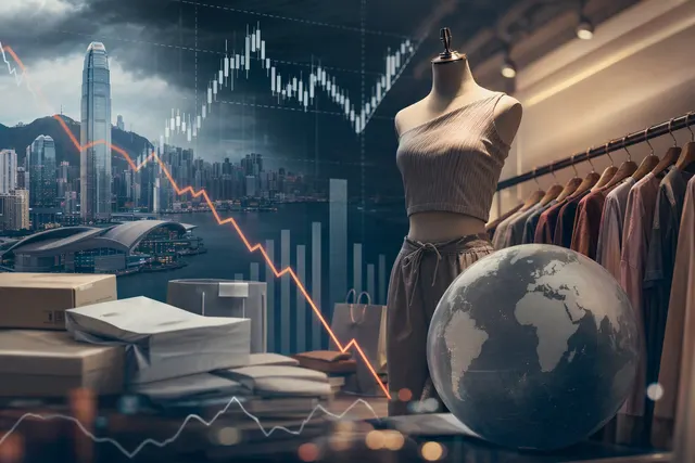 Editorial illustration representing Shein’s first post-IPO results, with fast-fashion shopping imagery and financial charts