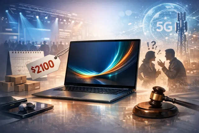 Samsung Galaxy Book6 Edge laptop displaying its thin profile and large 16-inch AMOLED screen against a backdrop representing AI circuitry and data streams.