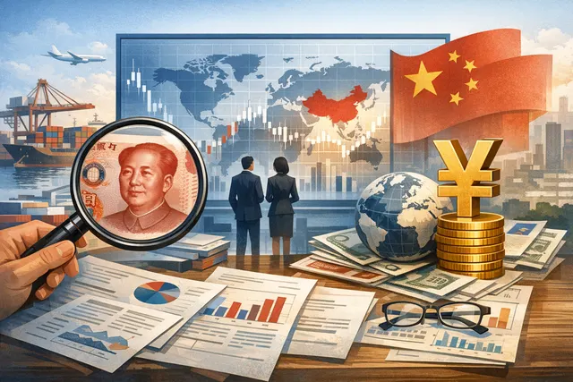 AI-generated editorial illustration representing the internationalization of the Chinese yuan, global institutional investment flows, and de-dollarization trends in Asia.