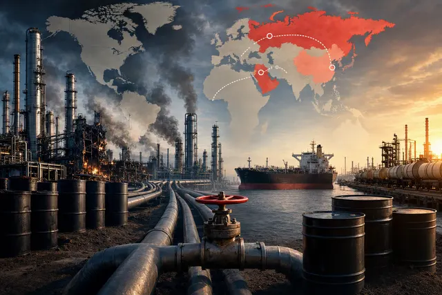 Editorial illustration of a global oil refinery and fuel-supply disruption