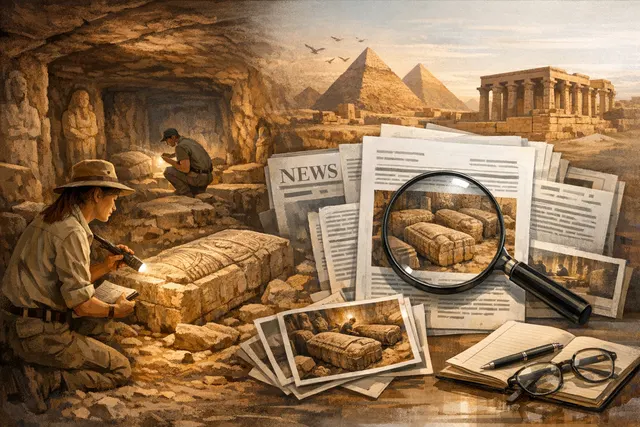 Illustration of a Greco-Roman era tomb excavation with an unopened stone sarcophagus and gold amulets, representing the 2026 discovery at Marina el-Alamein, Egypt.