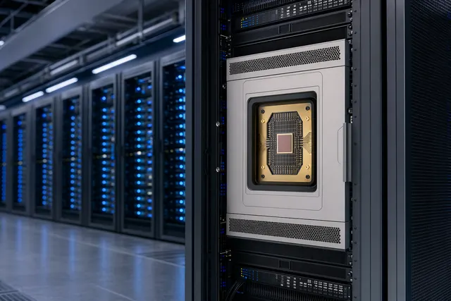 Rack‑mounted quantum computer concept representing Equal1 RacQ silicon‑spin quantum server for data centers