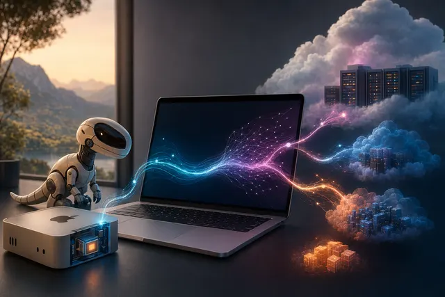 Concept illustration of a Mac acting as a hub connecting local AI models and cloud AI services