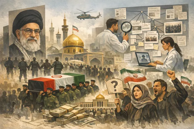 AI-generated editorial image depicting Iran's massive state funeral procession for Supreme Leader Ali Khamenei in July 2026, showing a large crowd and a central funeral vehicle