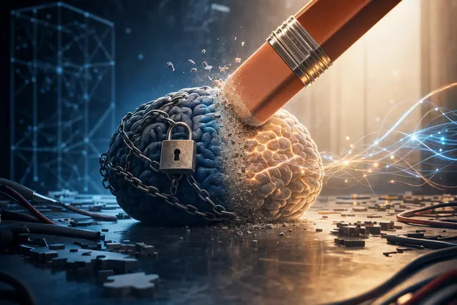 Abstract editorial illustration of an AI model and removed safety guardrails