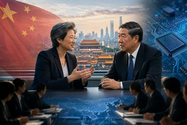 Editorial illustration representing AMD CEO Lisa Su’s China visit and AI strategy announcement