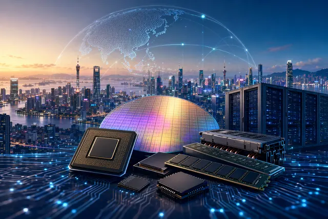 Illustration of Asia’s AI semiconductor ecosystem including chip design, memory, and data center infrastructure