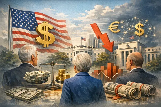 Illustration of central bankers discussing currency intervention, Treasury markets and global financial cooperation