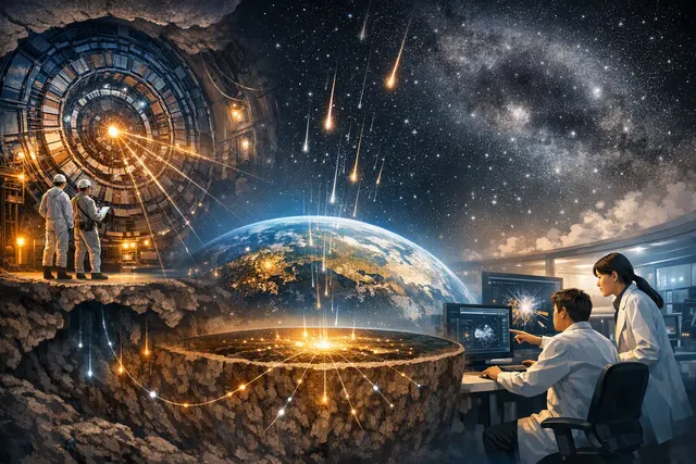 Artistic visualization of Earth as a dark matter detector, with magnetic field lines and particle tracks