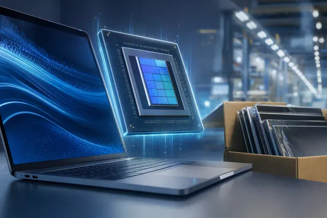 Conceptual editorial illustration for an article about Intel Wildcat Lake laptop processor supply