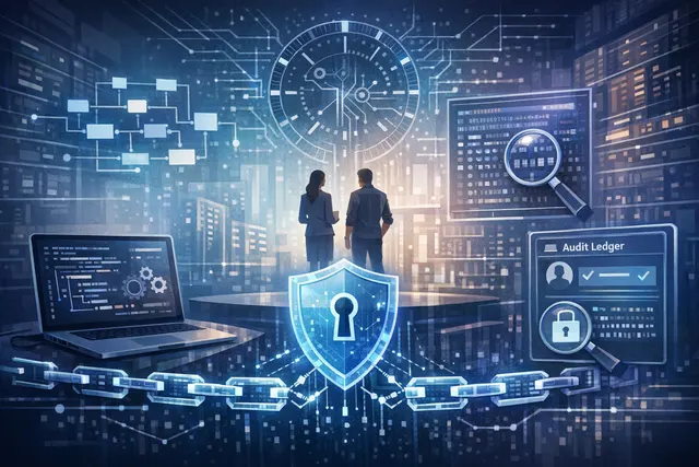 Conceptual visualization of AI agents operating within a governance framework with cryptographic audit trails and runtime policy enforcement.
