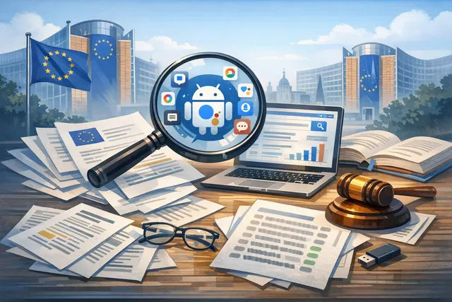 AI-generated illustration representing the European Commission's Digital Markets Act enforcement against Google's Android platform, featuring EU symbols and smartphone imagery.