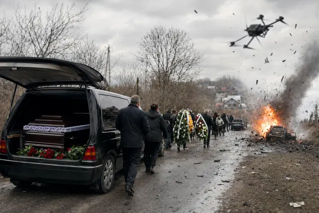 Illustration of a drone attack during a funeral procession near Sumy, Ukraine