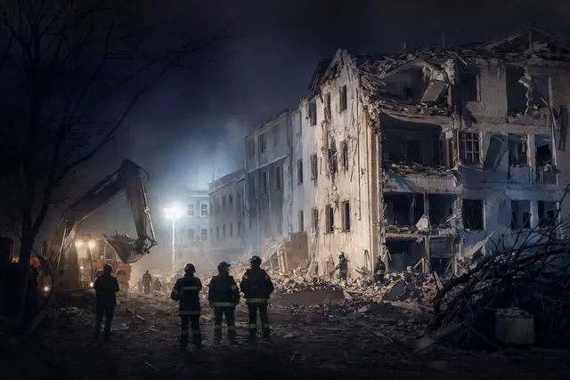Illustration of a drone strike hitting a dormitory building at night