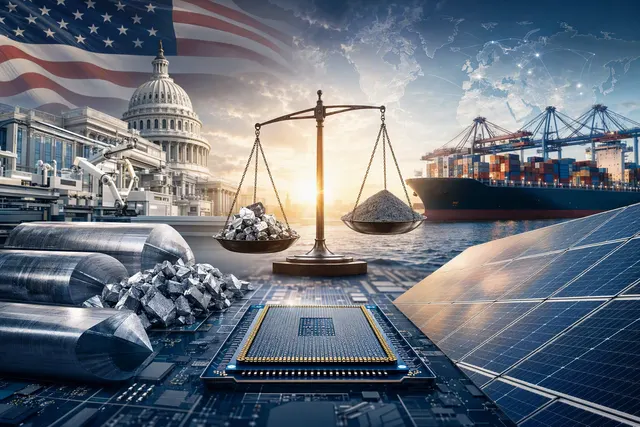 Illustration of polysilicon manufacturing and U.S. trade policy affecting semiconductor and solar supply chains