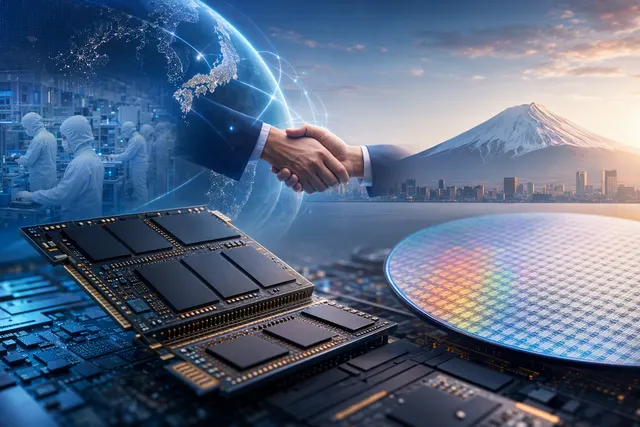Editorial illustration representing SK Hynix’s NAND cooperation discussions in Japan and HBM investment in Indiana