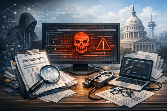 Abstract visualization of a cybersecurity threat showing a red alert screen with code and binary data representing a critical Fastjson RCE vulnerability
