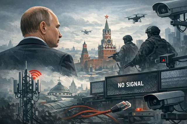 A secure camera grid being taken offline, symbolizing Russia's shutdown of Putin's protective surveillance system after the AI-driven targeting of Khamenei.
