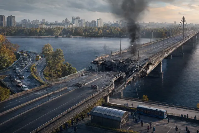 AI-generated editorial image illustrating the strike on Kyiv’s Northern Bridge and resulting transport disruption