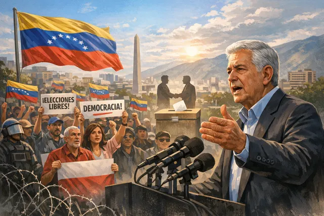 Edmundo González delivering a video address calling for new presidential elections in Venezuela with a national flag in the background.