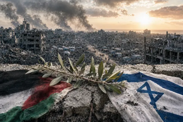 AI-generated editorial illustration of Gaza strikes and ceasefire negotiations