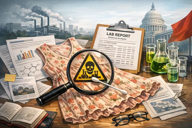 Abstract visual of toxic chemical molecules overlaid on fast-fashion clothing items, representing PFAS and phthalate contamination in Shein products