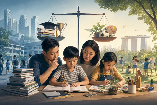 AI-generated editorial illustration about holistic education and academic pressure in Singapore