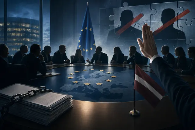 Editorial illustration about the EU sanctions negotiations involving Russia-linked listings