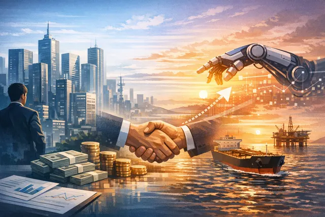 A conceptual image illustrating SoftBank's investment in robotics, showing a robotic arm and digital financial graphs.