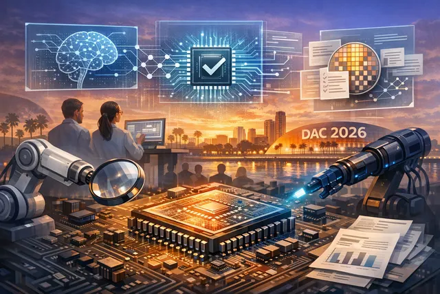 Conceptual illustration of an AI agent reviewing a chip design blueprint, with verification checkpoints and interconnected circuit paths representing self-verifying workflows.