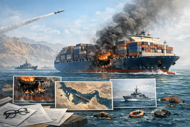 AI-generated editorial image representing a container ship under threat in the Strait of Hormuz, illustrating the missile strike on the CMA CGM San Antonio.