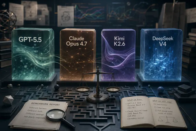四款 AI 模型的基準測試比較示意圖，包含 GPT-5.5、Claude Opus 4.7、Kimi K2.6 與 DeepSeek V4