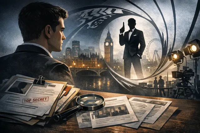 Editorial illustration of a British actor as a possible new James Bond in a tuxedo-inspired spy setting