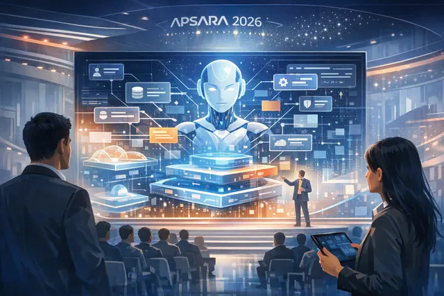 Abstract editorial illustration of enterprise AI agents connecting models, tools, knowledge, memory, and cloud infrastructure