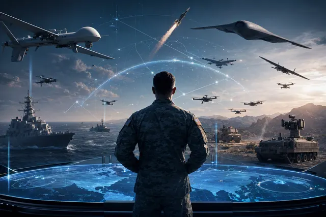 AI-generated illustration representing the planned U.S. Autonomous Warfare Command and military drone technology