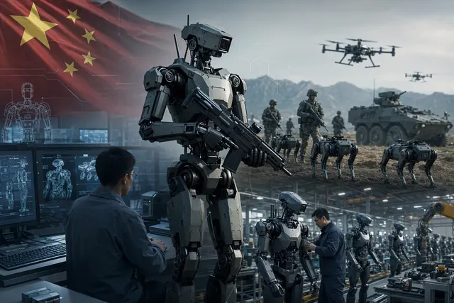 Editorial illustration of a humanoid robot in a military-themed setting