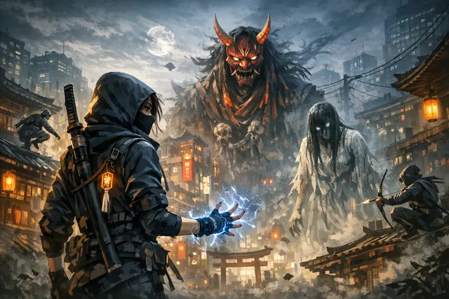 Key art from the Kemuri: Hunt the Unseen gameplay trailer showing Yokai Hunters in a neon-lit vertical cityscape.
