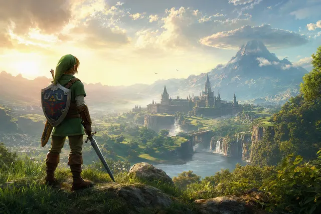 Editorial illustration for The Legend of Zelda: Ocarina of Time remake on Nintendo Switch 2
