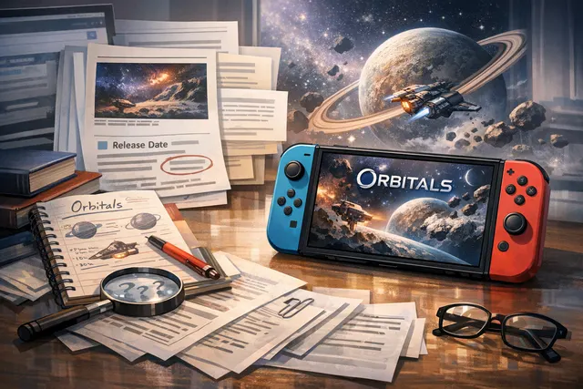 Promotional artwork for the video game Orbitals, featuring two characters in a retro anime style