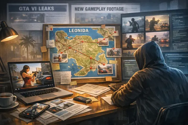 Editorial illustration representing the Cyberleek GTA 6 leak controversy, with an anonymous leak campaign, gameplay footage, and Rockstar’s upcoming reveal