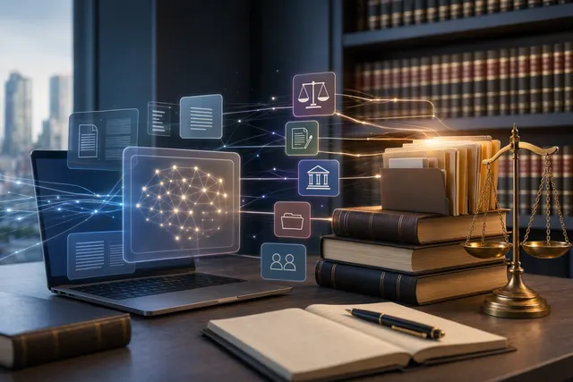 AI-generated illustration of Claude legal AI connecting case law, contracts, and law firm software workflows