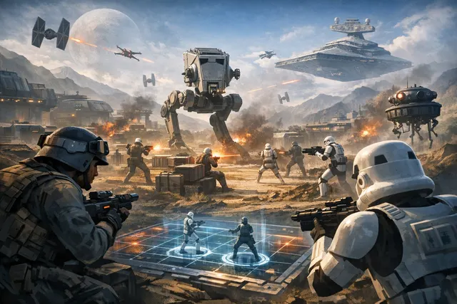 AI-generated editorial hero image for Star Wars Zero Company featuring stylized Star Wars tactical imagery and the game's title treatment.