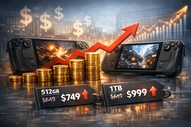 A Steam Deck OLED handheld console displayed with a price tag showing $789, symbolizing a sharp 46% price increase in 2026.