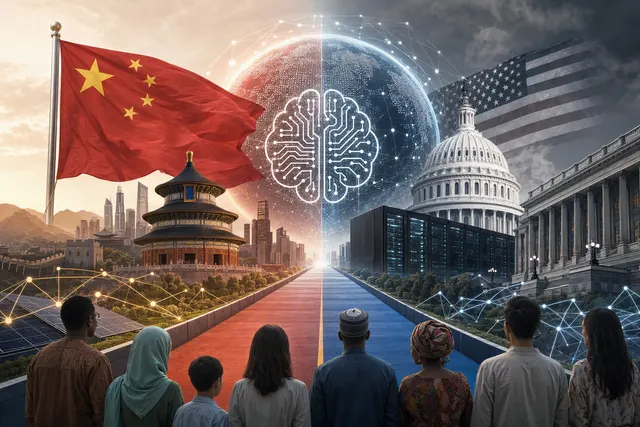 Editorial illustration of U.S.-China competition in artificial intelligence and technology supply chains