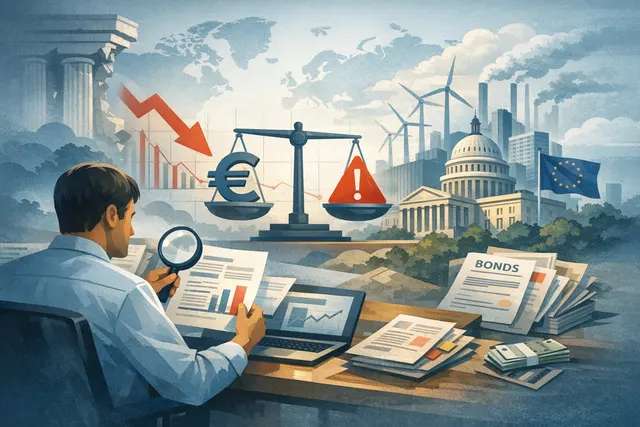 European Stability Mechanism headquarters in Luxembourg with euro currency symbols and economic chart overlays symbolizing the Euro Area Stability Watch report