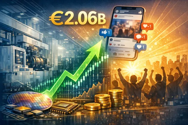 Trading chart overlaid with social media notification icons and a glowing semiconductor chip, representing the X-FAB stock surge driven by a viral post