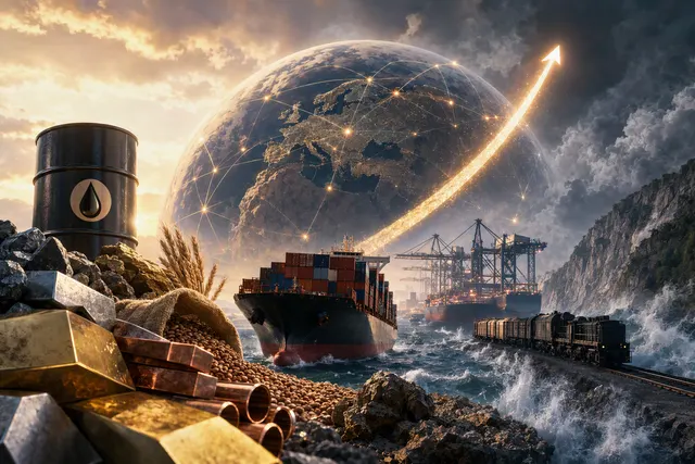 Editorial illustration of global commodity markets facing supply and shipping disruption