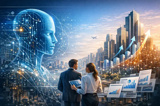 A split composition showing a human financial analyst on one side and a futuristic AI interface representing global credit market data on the other, symbolizing collaboration not r